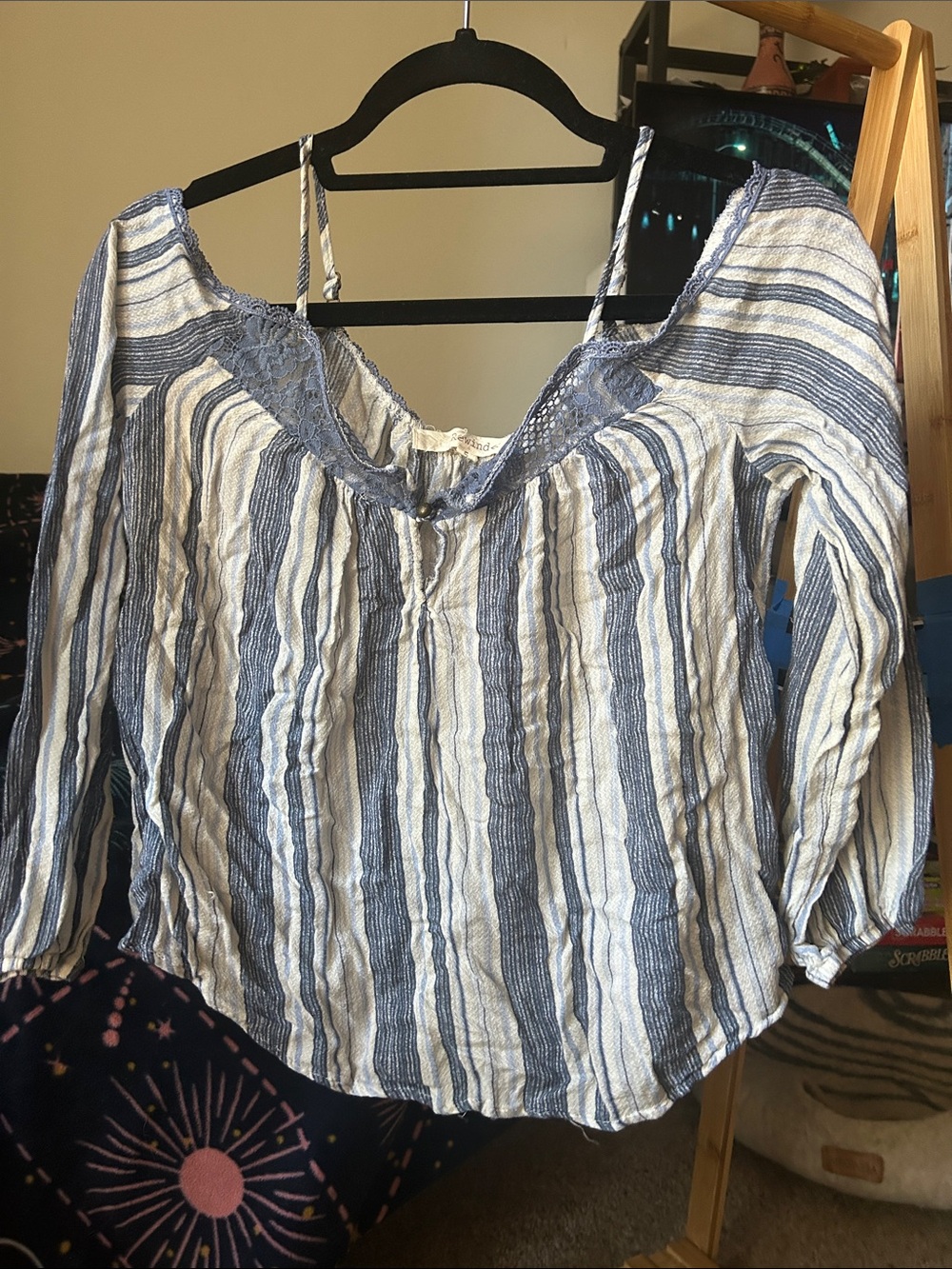 Women's Blue and White Striped Off-Shoulder Blouse with Lace Trim